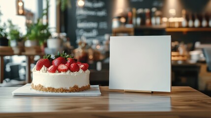 White signborad for new promotion advertisement with cake in the cafe.