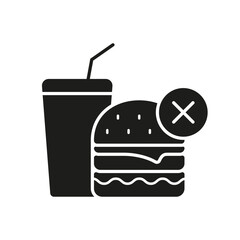 Health Awareness and Diet Restrictions. No Junk Food Silhouette Icon. Unhealthy Eating Habits with Prohibition Symbol Over Burger and Soda. Isolated Vector Illustration