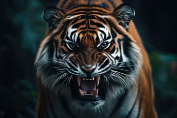 Fototapeta premium A Close-up of a Roaring Tiger with Intense Eyes