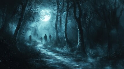 Moonlit Haunted Forest: Ghostly Figures in Dark Woods at Night