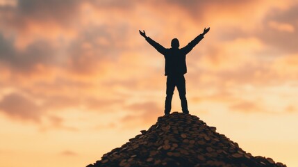 Silhouette of Man Standing on Pile of Coins at Sunset