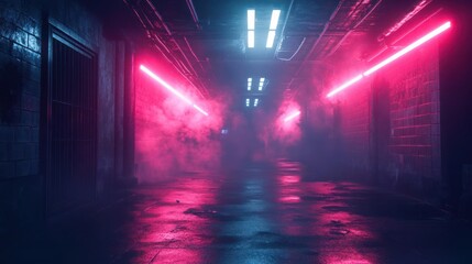An underground tunnel scene with vivid purple lighting illuminating the red fog,
