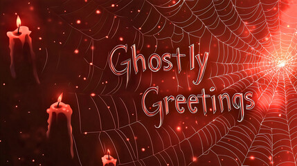 Ghostly greetings background with red hues, featuring candles and a spiderweb, a spooky ghostly greeting heard for Halloween night!