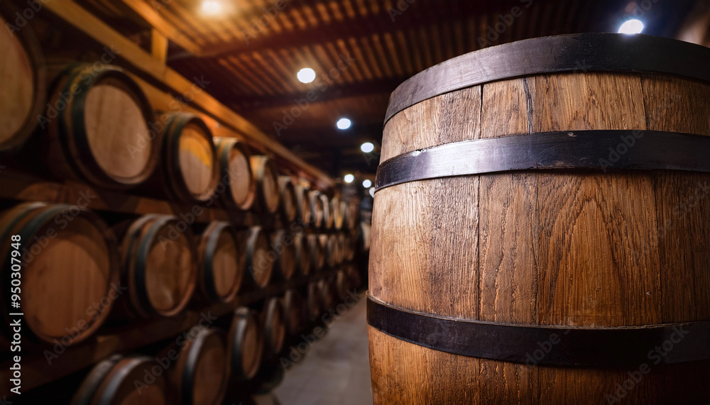 Poster a rustic wooden barrel rests in a storage area filled with stacked barrels, evoking warmth and tradi