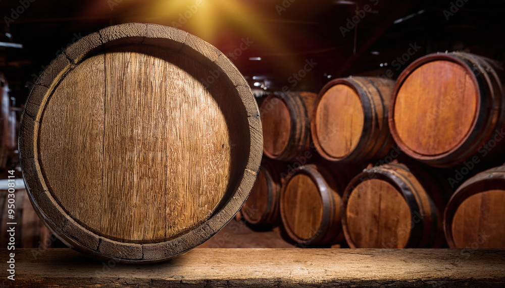 Poster a rustic wooden barrel rests in a storage area filled with stacked barrels, evoking warmth and tradi