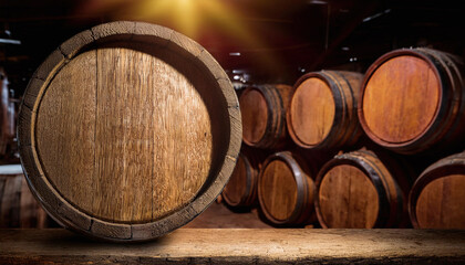 A rustic wooden barrel rests in a storage area filled with stacked barrels, evoking warmth and tradition in winemaking or brewing