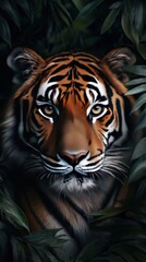 Fototapeta premium A Tiger's Intense Gaze Amidst Lush Foliage