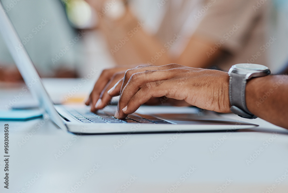 Poster hands, typing and person in office with laptop for email, communication and business closeup. startu