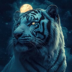 White Tiger Gazing Up at the Moon in a Starry Night