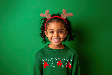 Little black girl wearing a Christmas sweater and reindeer headband isolated on green at Christmas