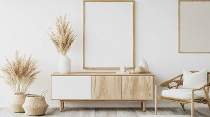 A modern living room designed in Scandinavian-Boho style, with a minimalist cabinet and a mock-up blank frame. The room combines clean lines with natural textures and eclectic touches for a balanced, 