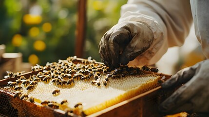 Beekeeper holds an empty beehive frame with honeycombs and bees in close-up, preparing to place it in the hive on a sunny day. A man wearing a bee suit is working at his organic farm near a chestnut b