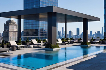 Obraz premium Rooftop Infinity Pool Oasis: Luxurious Vacation Estate with Stunning City Skyline and Modern Architecture Design