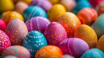 Fototapeta premium Colorful Easter eggs, Hand painted, with white details, joyful, Happy Easter Celebration, Card, Festival, HD, Banner, Wallpaper, Close up
