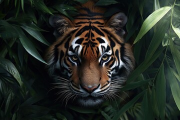 A Tiger's Gaze Through Lush Foliage