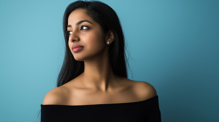 Elegant Portrait of a Indian Woman in Black Top Against Blue Background