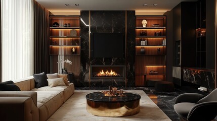 An Art Deco-inspired living room with a modern twist, showcasing a fireplace and stylish shelves. The design combines bold geometric shapes with rich materials, creating a sophisticated 