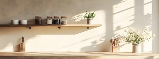 Kitchen wall with a wooden shelf and concrete counter, a wooden board on the ground, a light beige background, a closeup view, natural sunlight, neutral tones, a rustic style, and country home decor