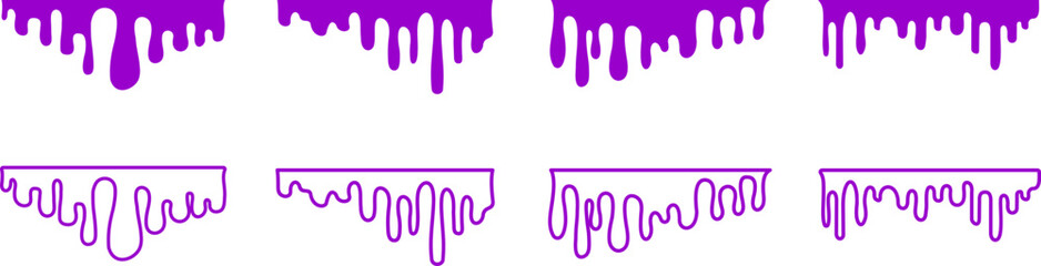 Paint dripping. Purple dripping ink. Dripping liquid. Current paint, stains. Flowing liquid on transparent background. Vector