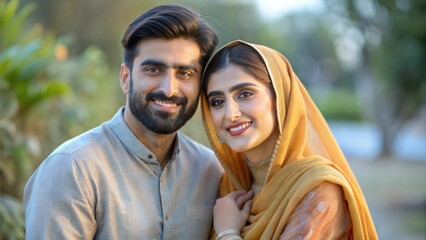 A joyful portrait of a Muslim couple enjoying time together outdoors, highlighting love and companionship.