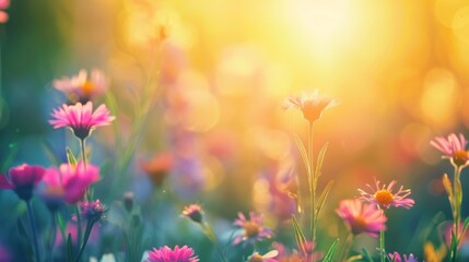 Fototapeta premium Nature background. Beautiful summer meadow background. Inspirational nature, field of flowers with a bright sun shining on them. flowers are yellow and pink. Scene is cheerful and peaceful
