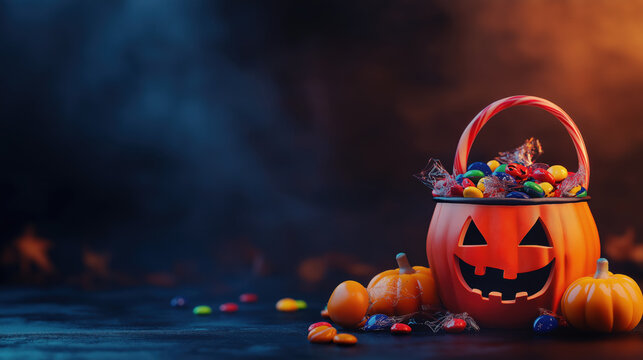 Halloween candy bucket with pumpkins and dark smoky background