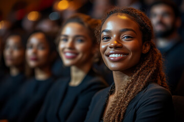 A group of women are smiling and sitting in a theater