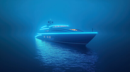 Naklejka premium Futuristic yacht illuminated by neon blue lights floating on calm ocean waters