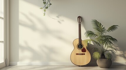 Acoustic guitar on the background of a wall in a room with plants