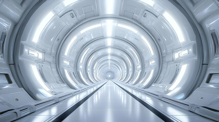 Obraz premium Futuristic Tunnel: Exploring the Endless White Corridor of a Sci-Fi Spaceship