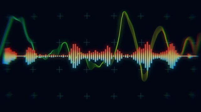 A colorful looping digital sound wave visualization featuring a dynamic waveform against a dark background.