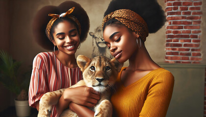 Sisters and a Lion Cub: Two beautiful young African American sisters share a tender moment with a playful lion cub, radiating warmth and love in a cozy, intimate setting.