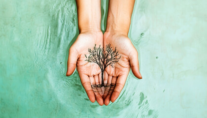 Photo of hands cupping water with a sketched tree growing from the center, minimal, representing water conservation