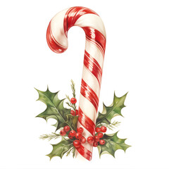 Classic red and white striped candy cane adorned with holly leaves, red berries, and a festive ribbon, perfect for Christmas decor, isolated on white background