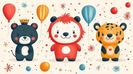 Obraz premium Cute Cartoon Animals with Balloons and Confetti Illustration