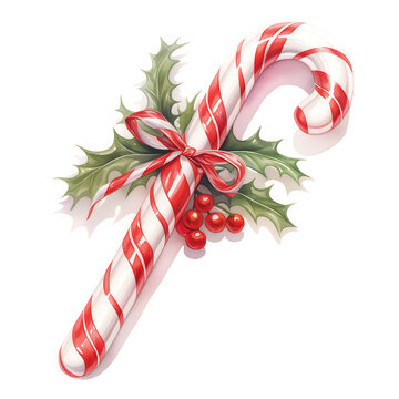 recommend clip art: Classic red and white striped candy cane adorned with holly leaves, red berries, and a festive ribbon, perfect for Christmas decor, isolated on white background