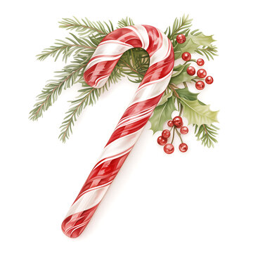 recommend clip art: Classic red and white striped candy cane adorned with holly leaves, red berries, and a festive ribbon, perfect for Christmas decor, isolated on white background