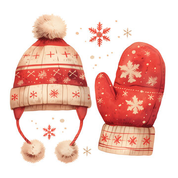 recommend clip art: Cozy winter hat with pom-poms and matching mitten, both featuring snowflake patterns, ideal for cold weather and holiday fashion,  isolated on white background