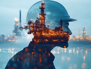 Industrial Worker Silhouette with Refinery in Background Illustration