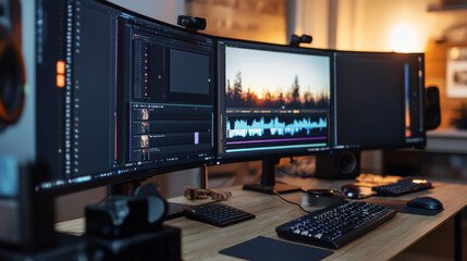 Desktop with dual monitors displaying video editing software