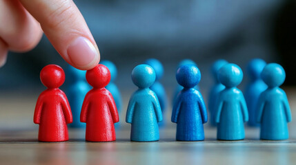 businessperson's hand selects a red human figure among many gray figures, symbolizing leadership, recruitment, talent acquisition, individuality, and making strategic decisions in business