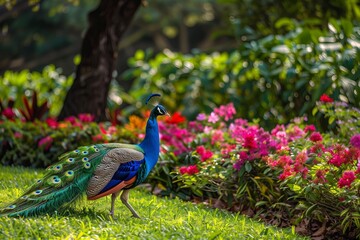 Obraz premium medium vibrant peacock displaying its colorful feathers in full fan, lush, tropical garden with vibrant flowers and greenery, bright, dappled sun enhancing the iridescent