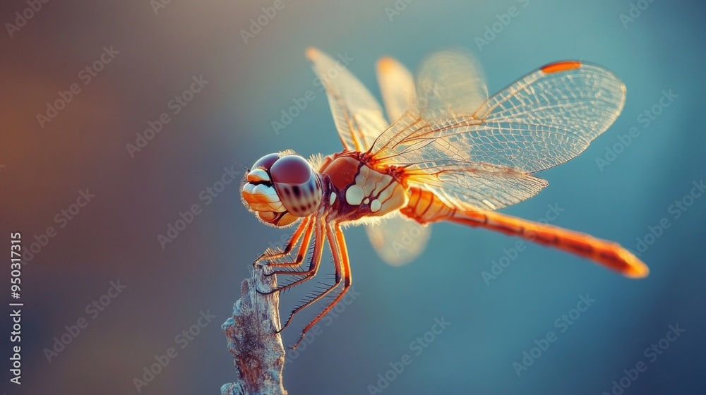 Poster a macro shot of a dragonfly perched on a twig, capturing its detailed wings and compound eyes.
