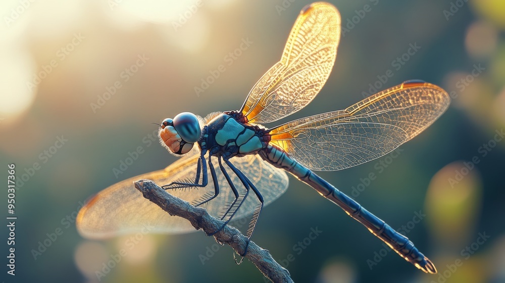 Poster a macro shot of a dragonfly perched on a twig, capturing its detailed wings and compound eyes.