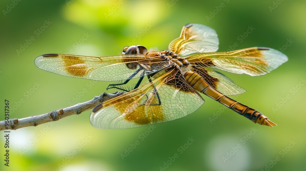 Poster a macro shot of a dragonfly perched on a twig, capturing its detailed wings and compound eyes.
