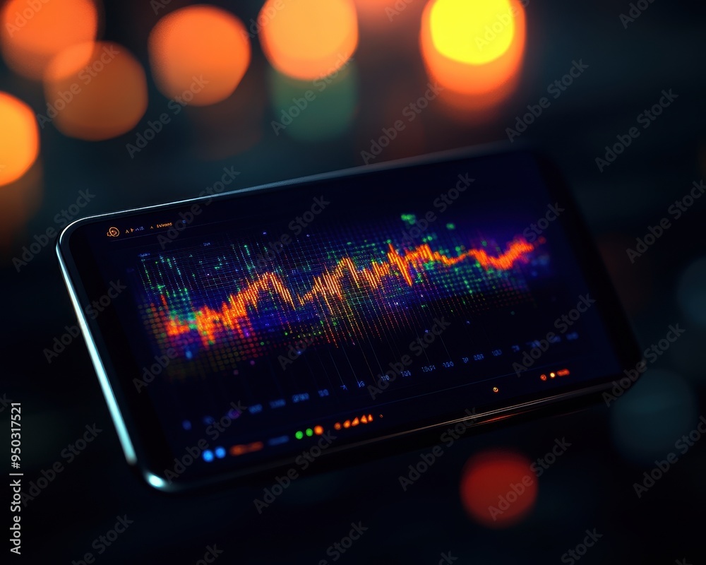 Poster smartphone displaying vibrant financial chart with blurred background, representing digital trading 