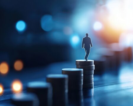 Silhouette of a person walking on stacked coins, symbolizing financial success and growth in a blue-toned, defocused background.