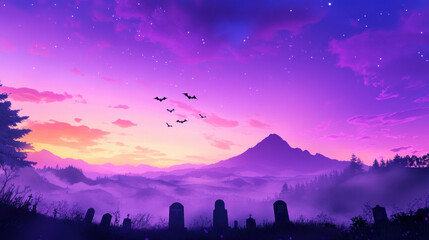 Obraz premium landscape with mountains and clouds against with Graveyard in the Forest