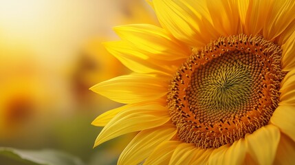 A macro view of a single sunflower with bright yellow petals and a detailed center, capturing the vivid colors and textures in natural sunlight.