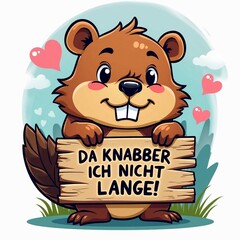 A beaver holding a sign that says DA KNABBER ICH NICHT LANGE